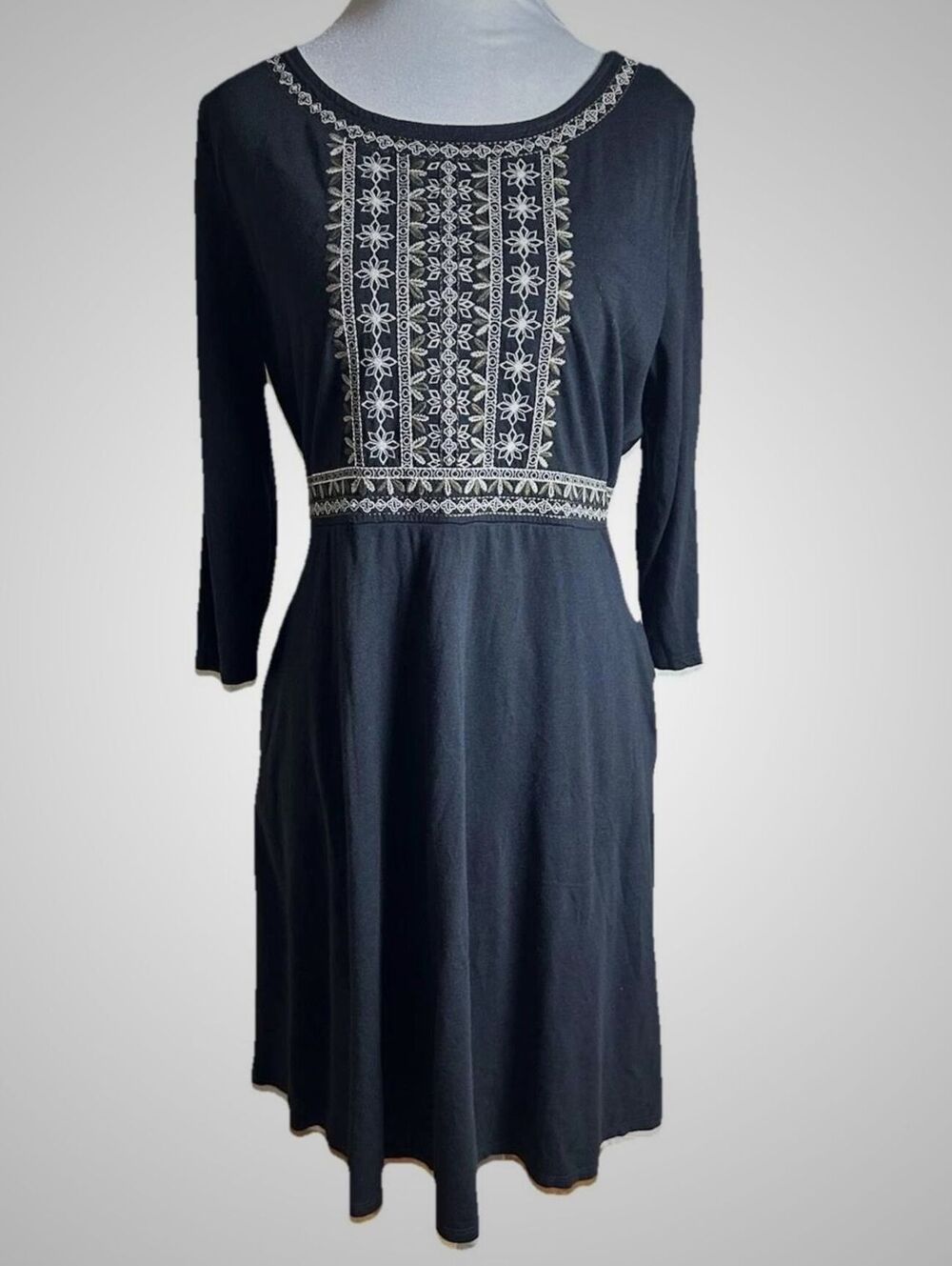 Garnet Hill Embroidered organic cotton boho dark western comfy Dress Pockets M